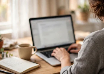 Person typing a document on a laptop at a bright home desk by a window