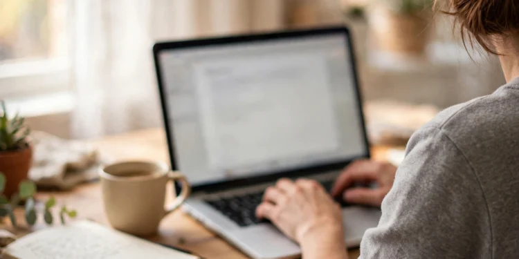 Person typing a document on a laptop at a bright home desk by a window