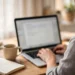 Person typing a document on a laptop at a bright home desk by a window