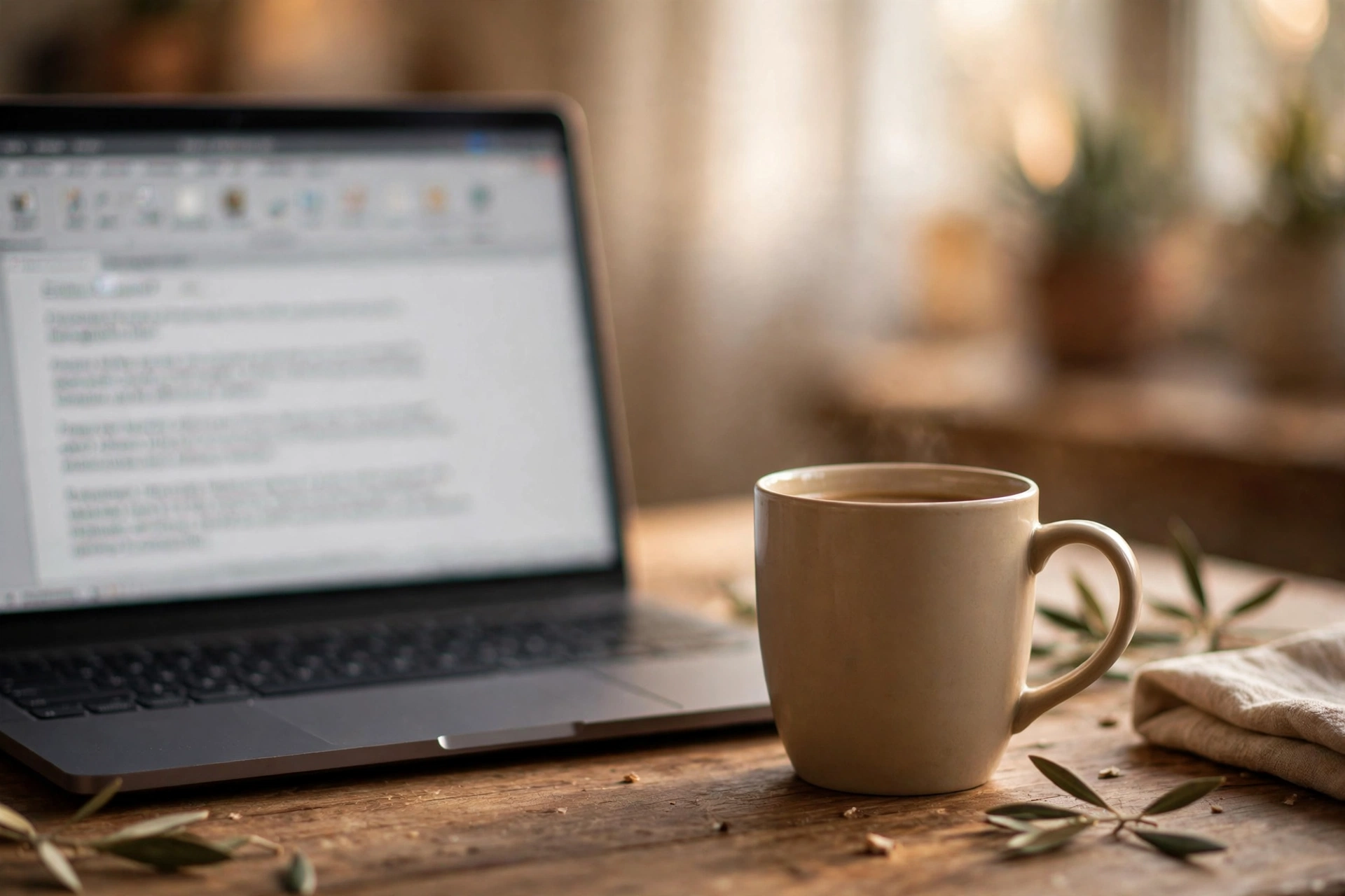 Laptop showing a softly blurred word processor toolbar with a coffee mug on a wooden desk