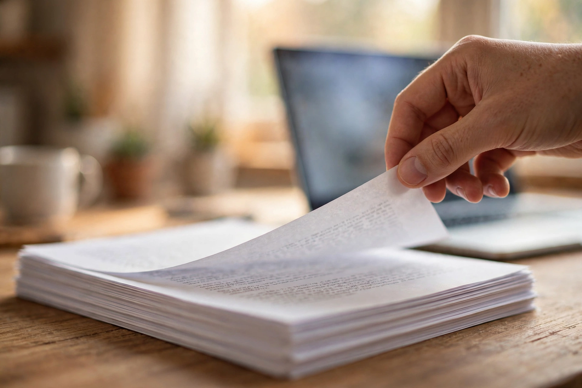 Hand picking up a freshly printed page from a stack of documents on a desk