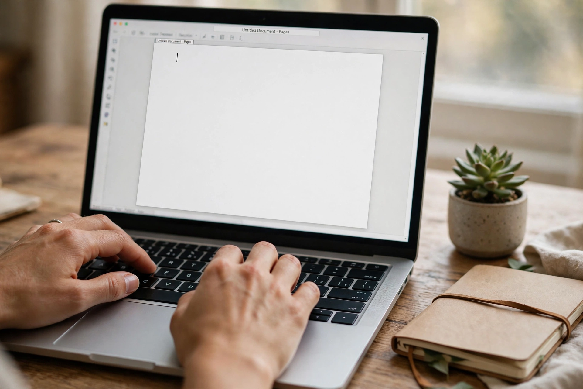 Hands typing on a laptop keyboard with a blank document and blinking cursor on screen