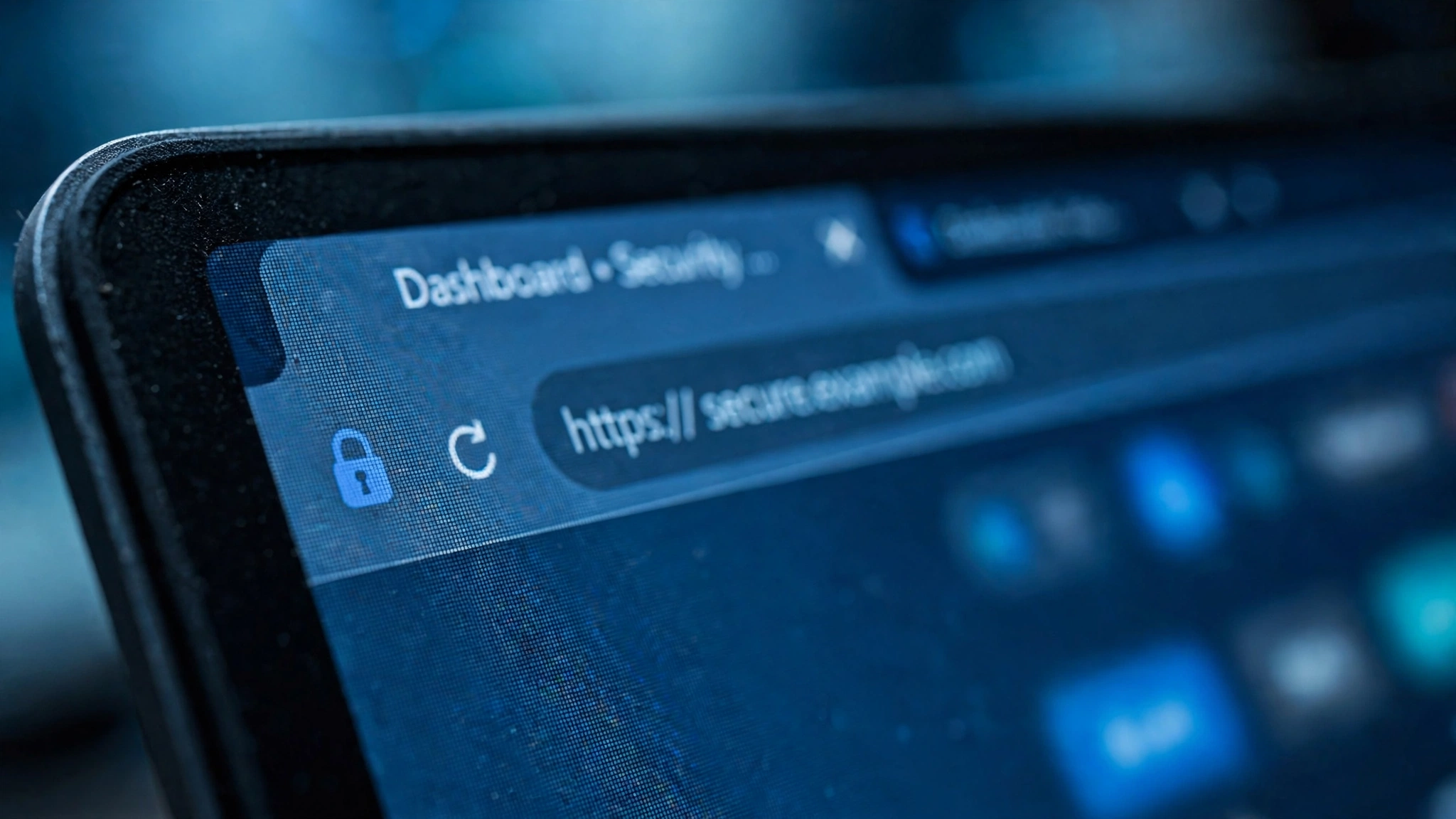 Close-up of a browser toolbar area with a padlock icon, cool blue tones