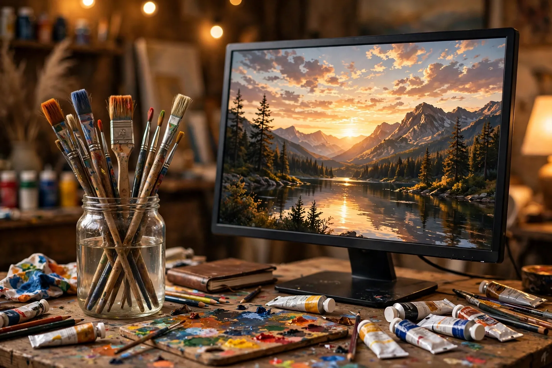 A jar of traditional paint brushes beside a computer monitor showing a colorful digital sunset painting