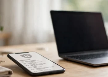 A smartphone showing a generic lock icon beside a laptop on a home desk in soft daylight
