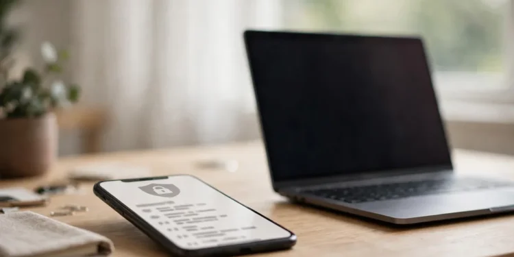 A smartphone showing a generic lock icon beside a laptop on a home desk in soft daylight