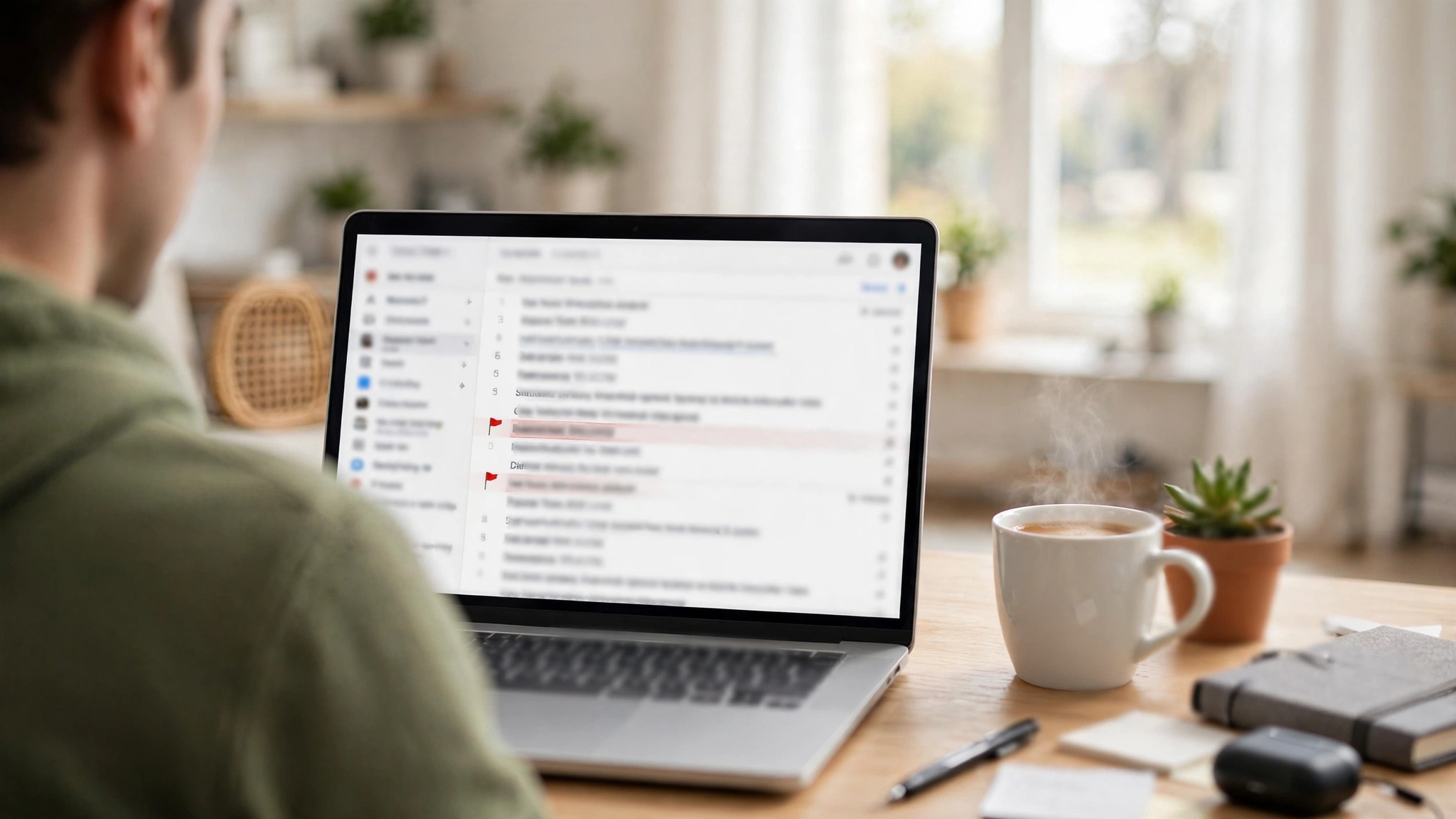 A laptop showing an email inbox with one message flagged with a red marker, text blurred
