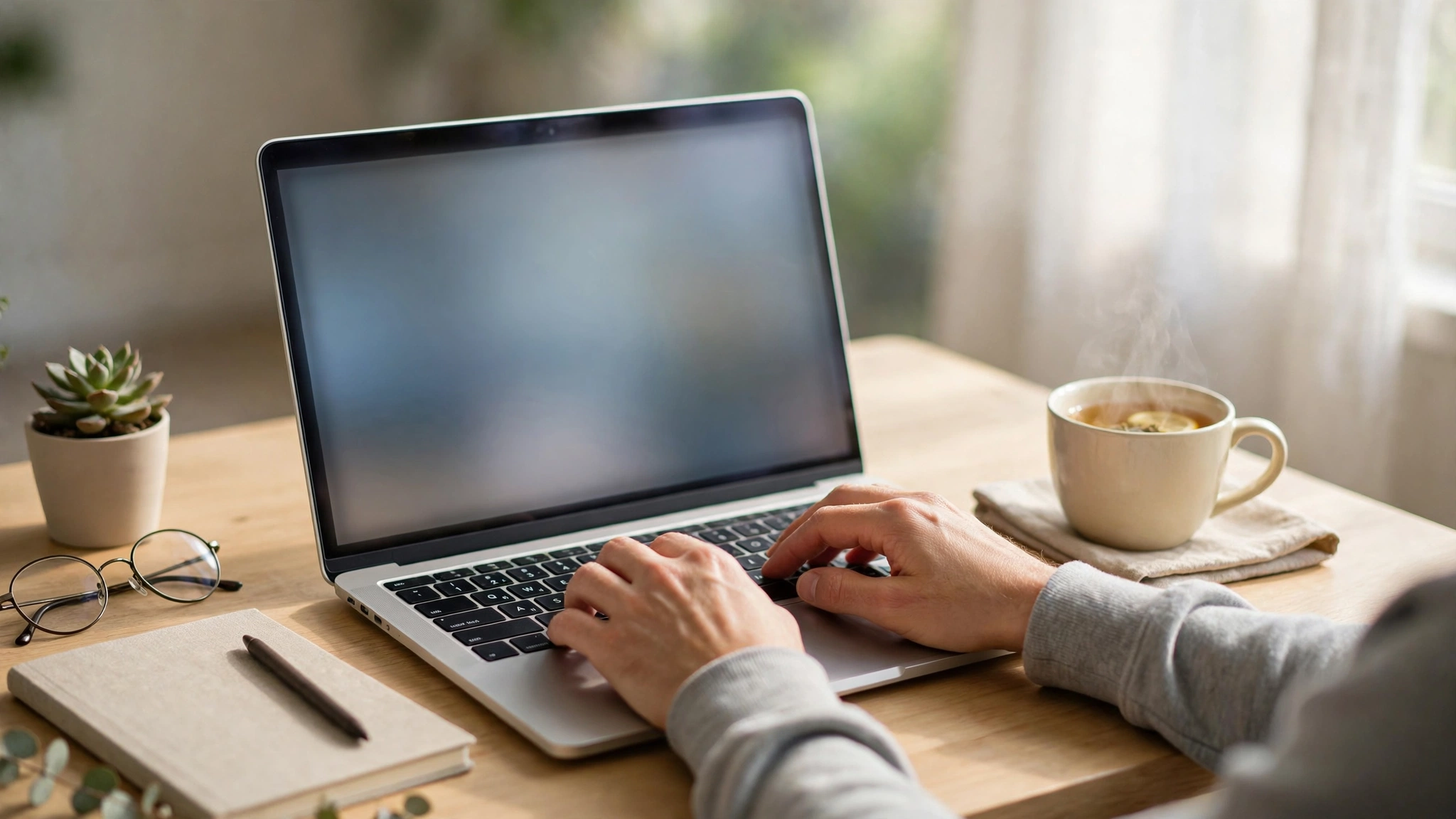 Hands changing a password on a laptop at a calm, tidy desk