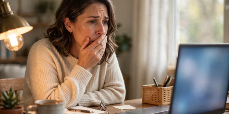 Worried woman looking at a laptop screen at home after clicking a suspicious link