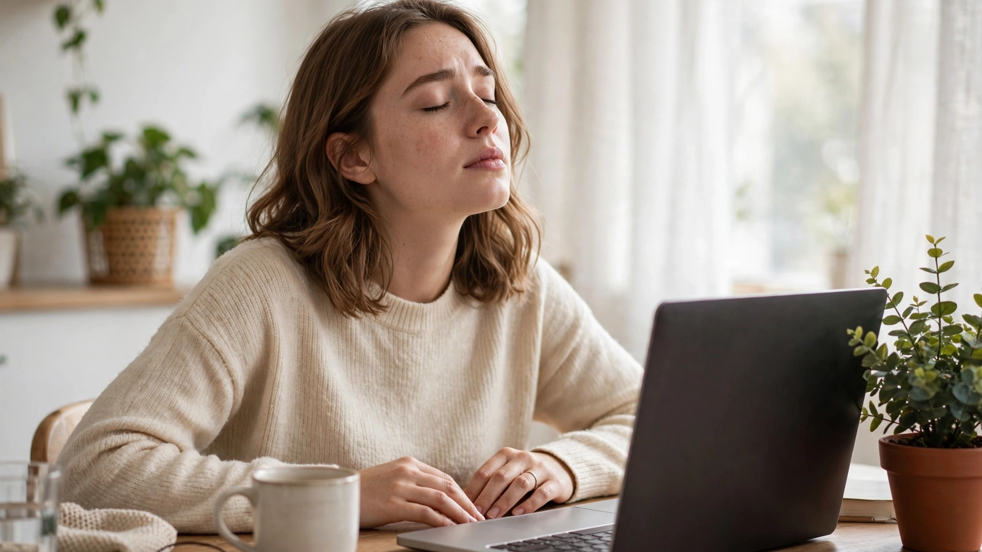 Woman taking a deep breath with hands away from the keyboard beside a laptop