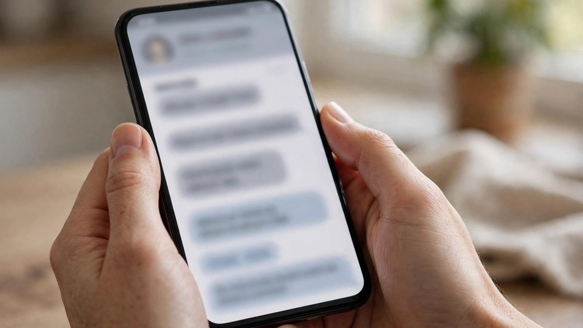 Hands holding a smartphone showing a suspicious text message with an unknown link