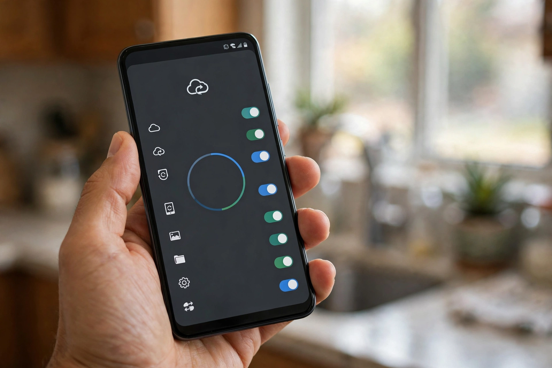 Hand holding an Android phone showing backup settings with toggle switches in a kitchen
