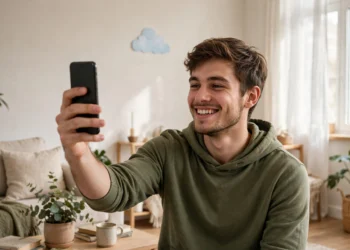 Smiling young man holding his smartphone in a bright living room with a cloud sticker on the wall, relieved his phone is backed up