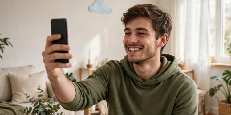 Smiling young man holding his smartphone in a bright living room with a cloud sticker on the wall, relieved his phone is backed up