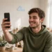 Smiling young man holding his smartphone in a bright living room with a cloud sticker on the wall, relieved his phone is backed up