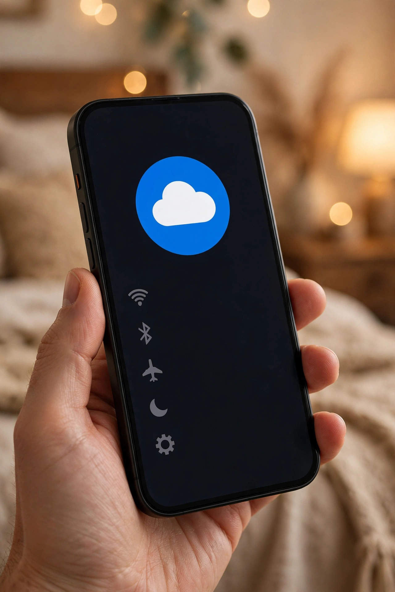Hand holding an iPhone showing a cloud backup icon on screen in a cozy bedroom