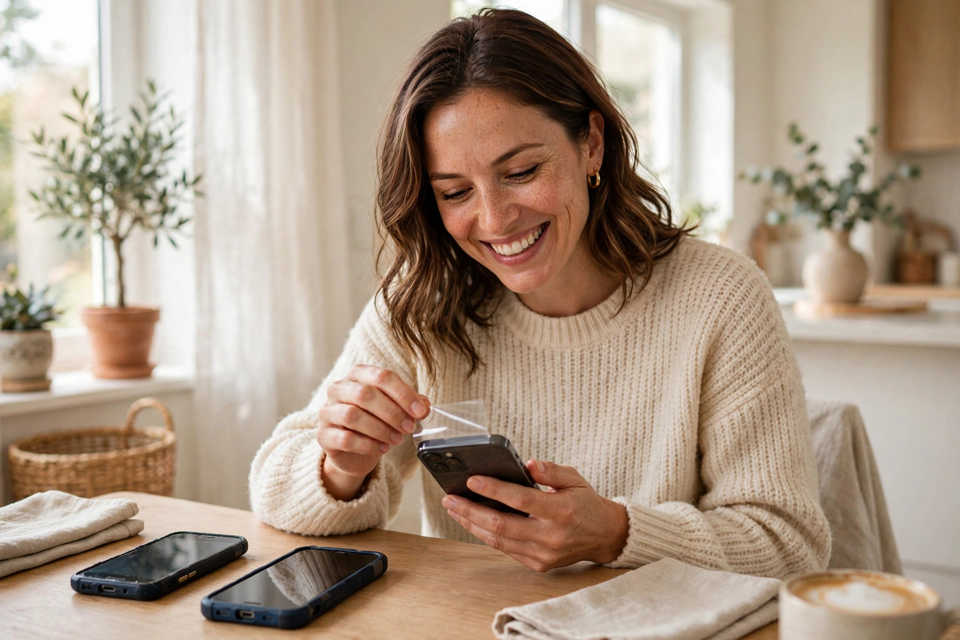 Woman smiling while setting up a new smartphone at a table with her old phones beside her