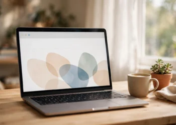 Laptop in a bright home office showing a clean, simple presentation slide