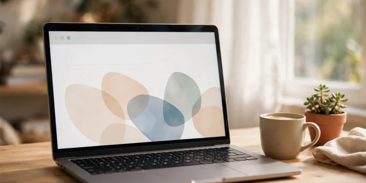 Laptop in a bright home office showing a clean, simple presentation slide