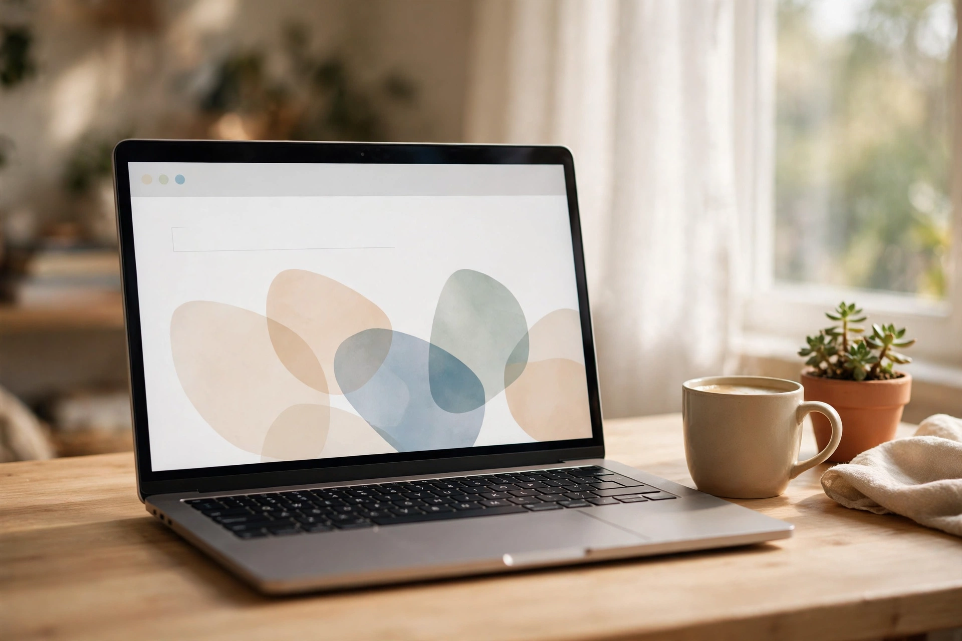 Laptop in a bright home office showing a clean, simple presentation slide