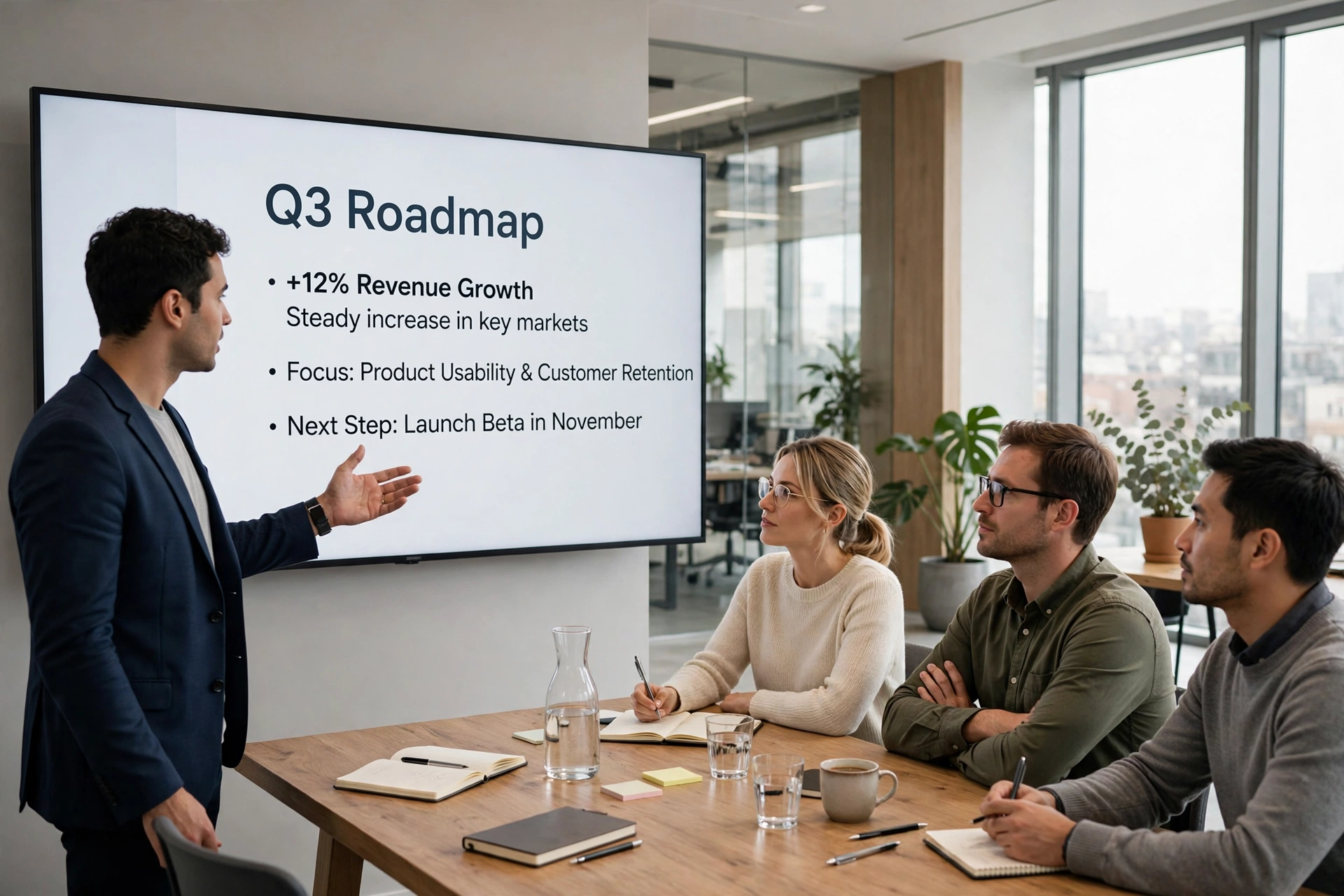 A presenter showing slides to a small group of colleagues in a meeting room