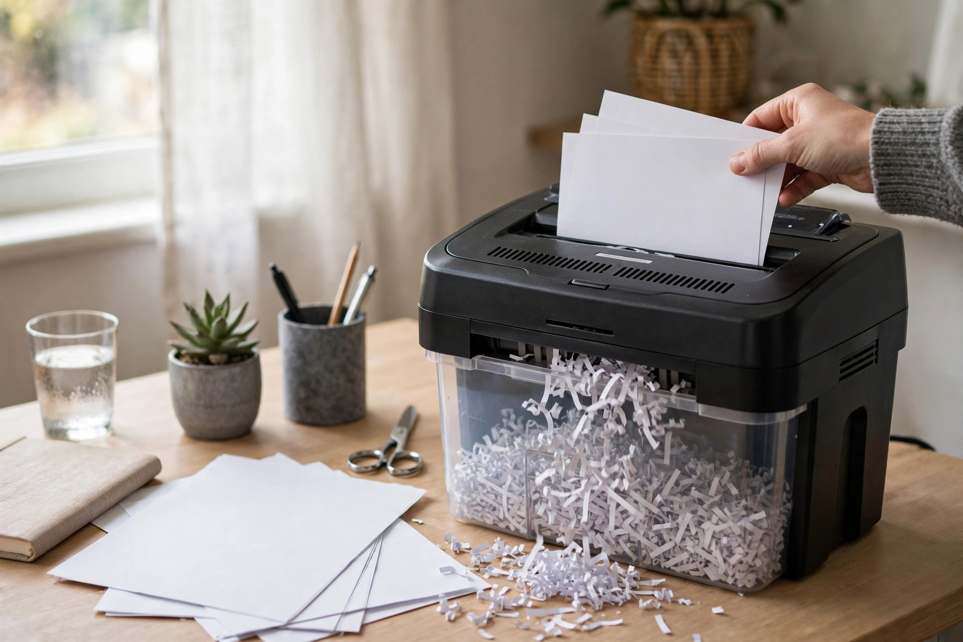 A paper shredder in a home office shredding printed documents as a hand feeds paper in