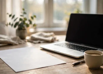 A clean one-page resume printed on paper beside a laptop on a bright desk, with a coffee cup nearby