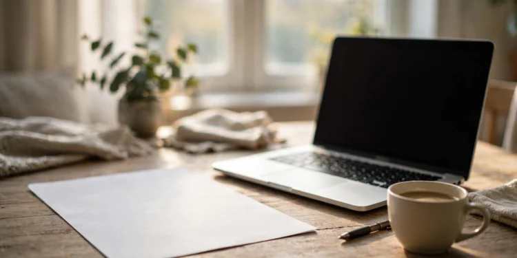 A clean one-page resume printed on paper beside a laptop on a bright desk, with a coffee cup nearby