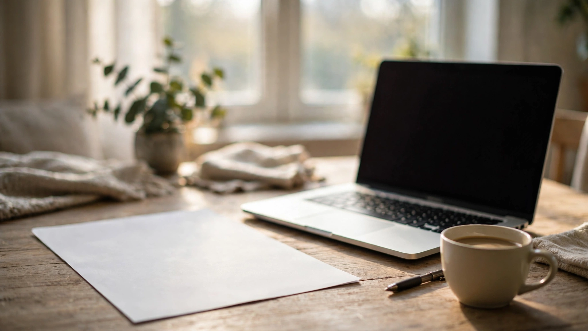 A clean one-page resume printed on paper beside a laptop on a bright desk, with a coffee cup nearby