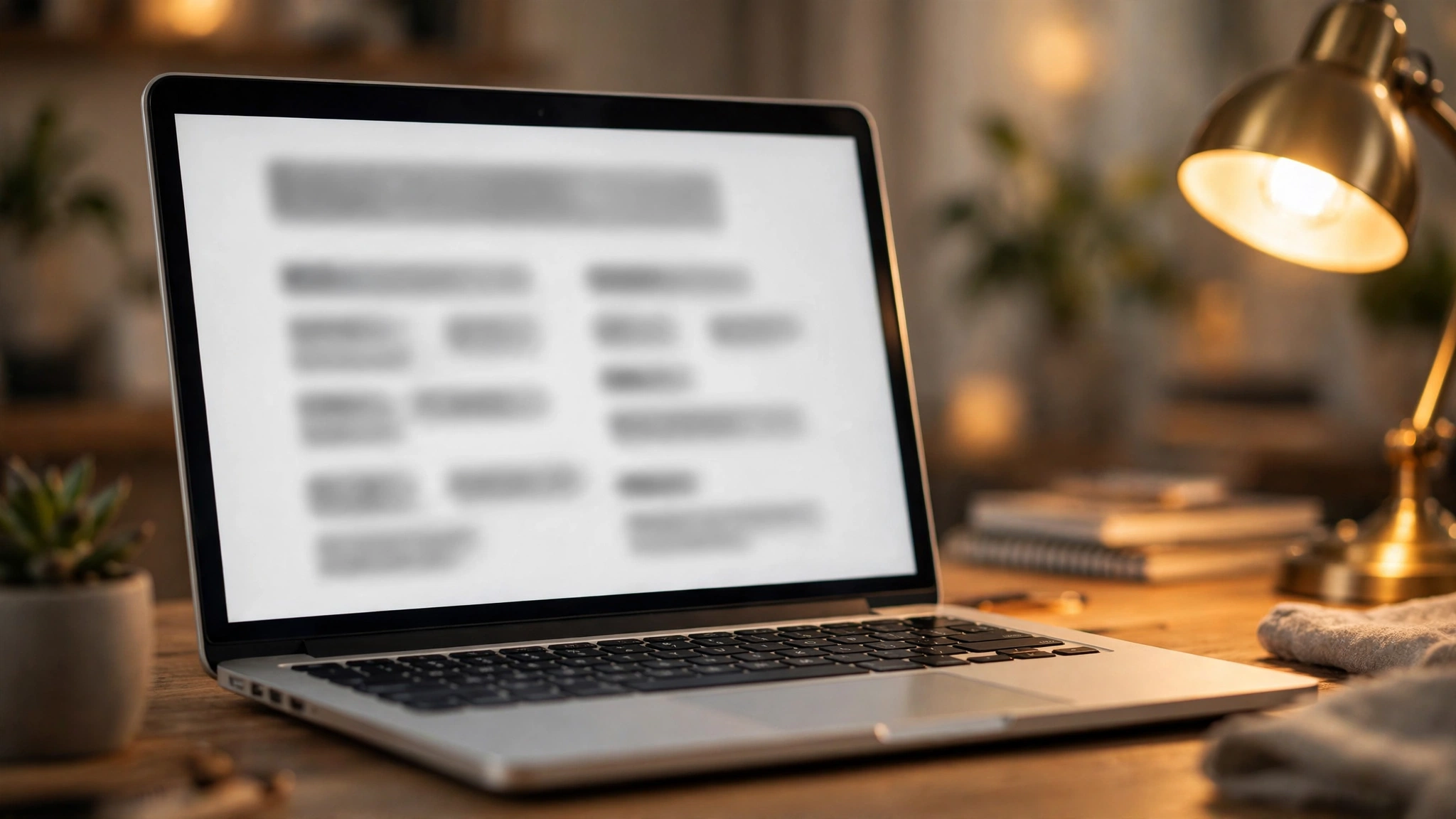 A laptop screen showing a simple resume document layout being edited, warm desk lamp glow