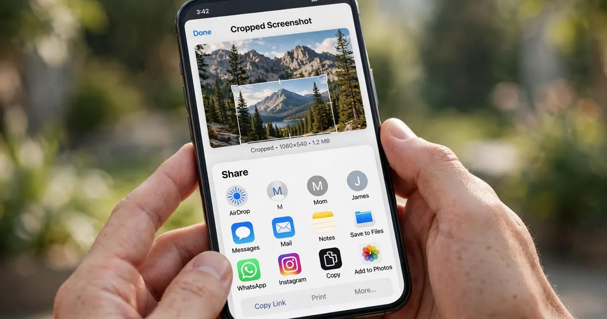 Hands holding a smartphone showing a cropped screenshot and the share options menu