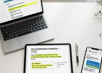 Laptop, tablet and smartphone together on a bright desk, each screen showing a highlighted screenshot moment