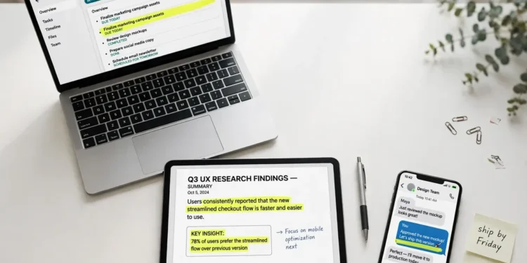 Laptop, tablet and smartphone together on a bright desk, each screen showing a highlighted screenshot moment