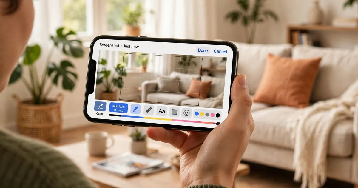 Person holding a smartphone showing a just-taken screenshot with the annotation and editing view open