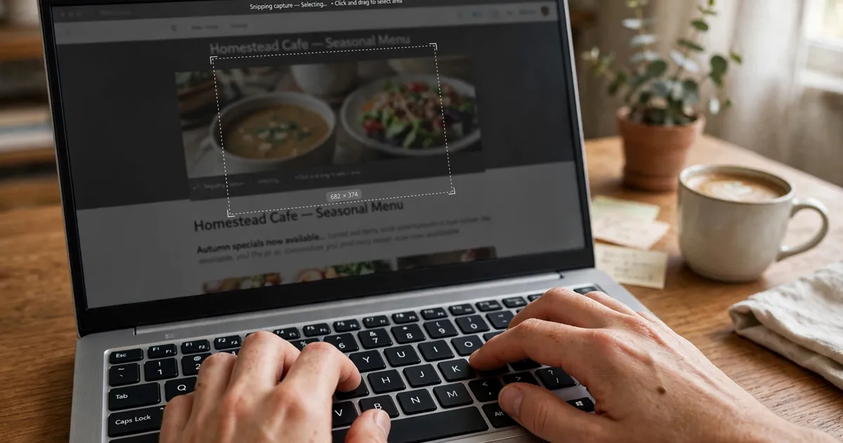Hands pressing keys on a Windows laptop while a snipping selection overlay appears on the screen