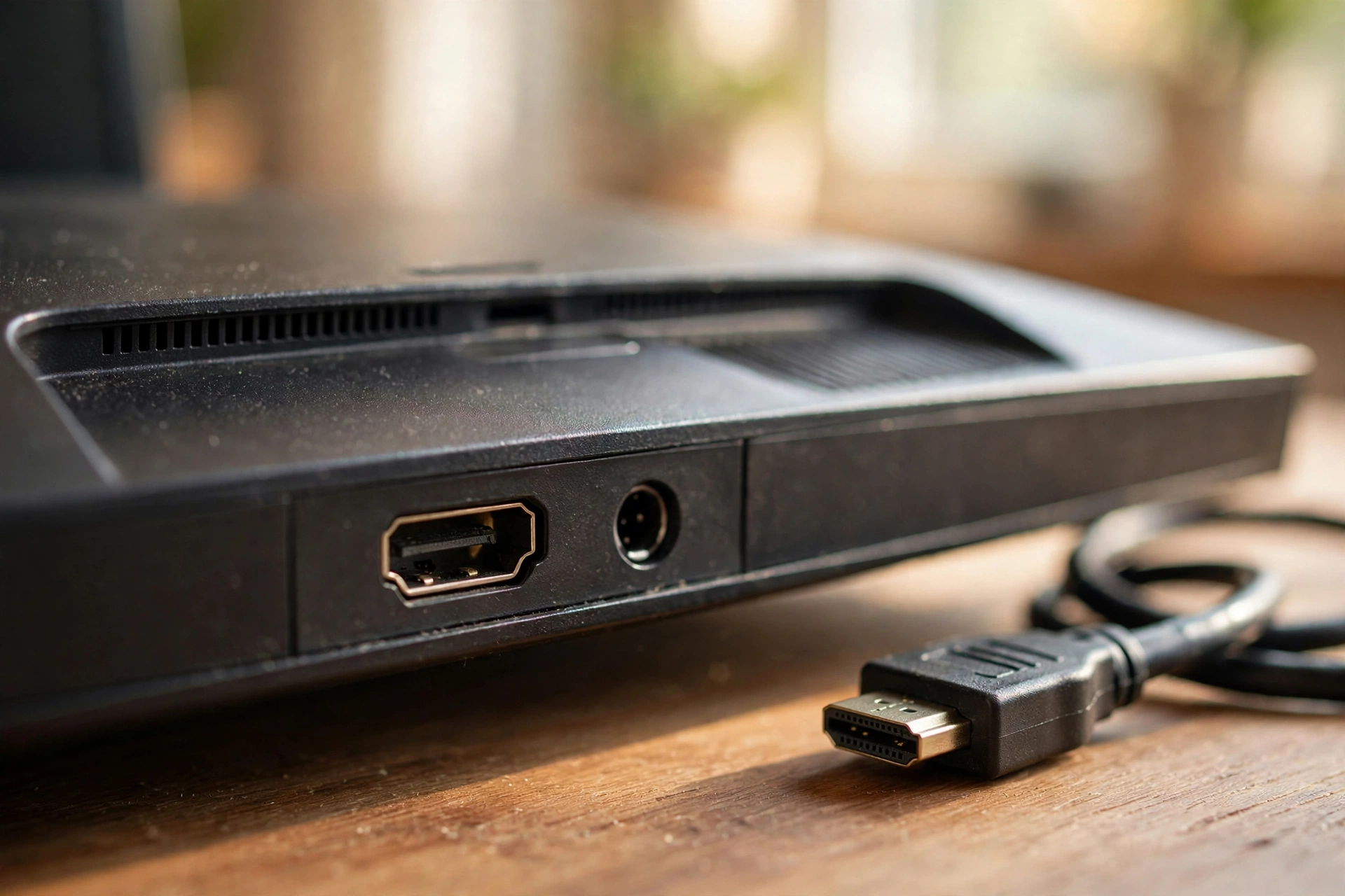 Close-up of an HDMI port on the back of a monitor with an HDMI cable beside it