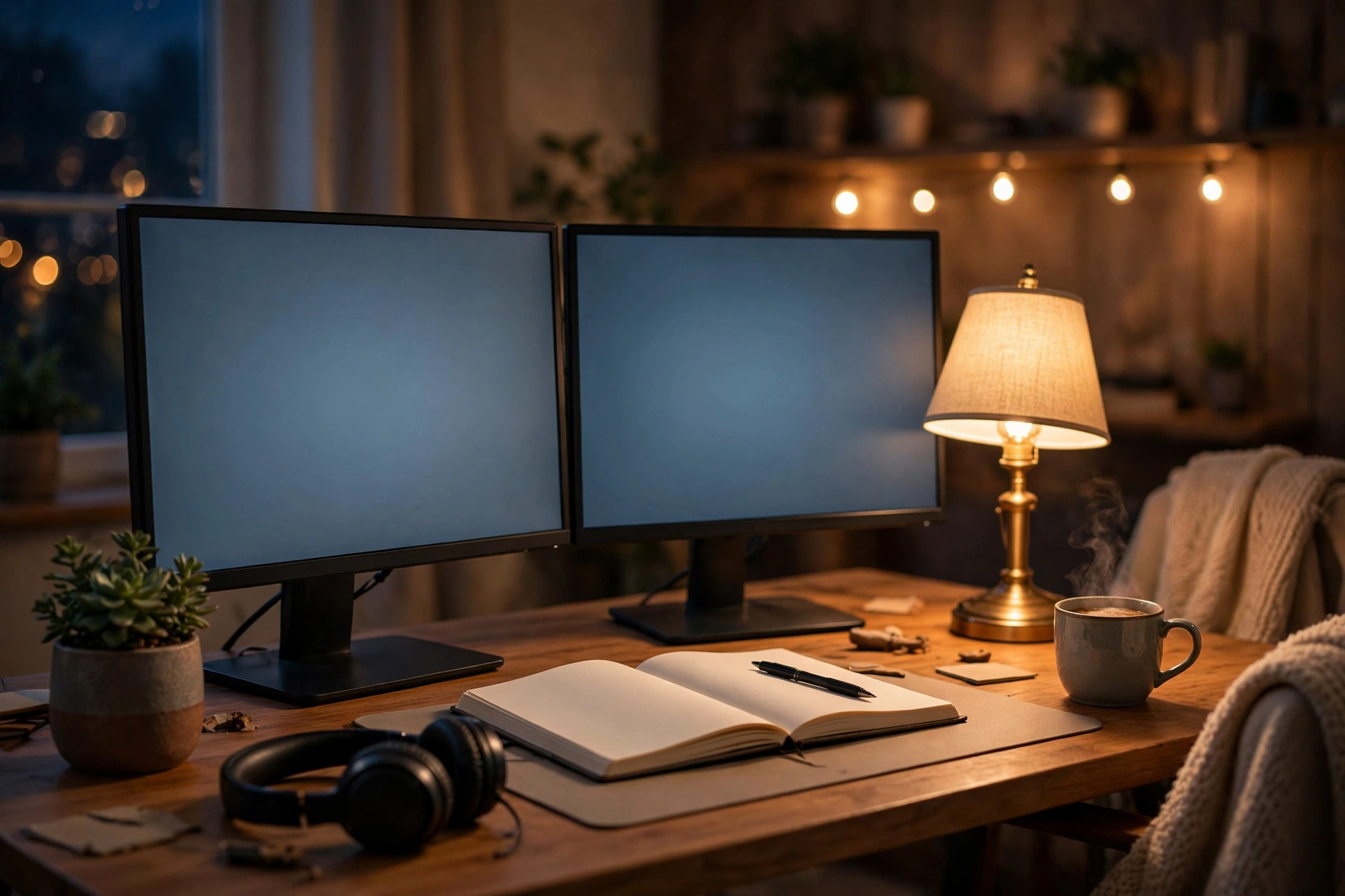 Cozy dual-screen home office with an open notebook, a plant, and warm lamp light