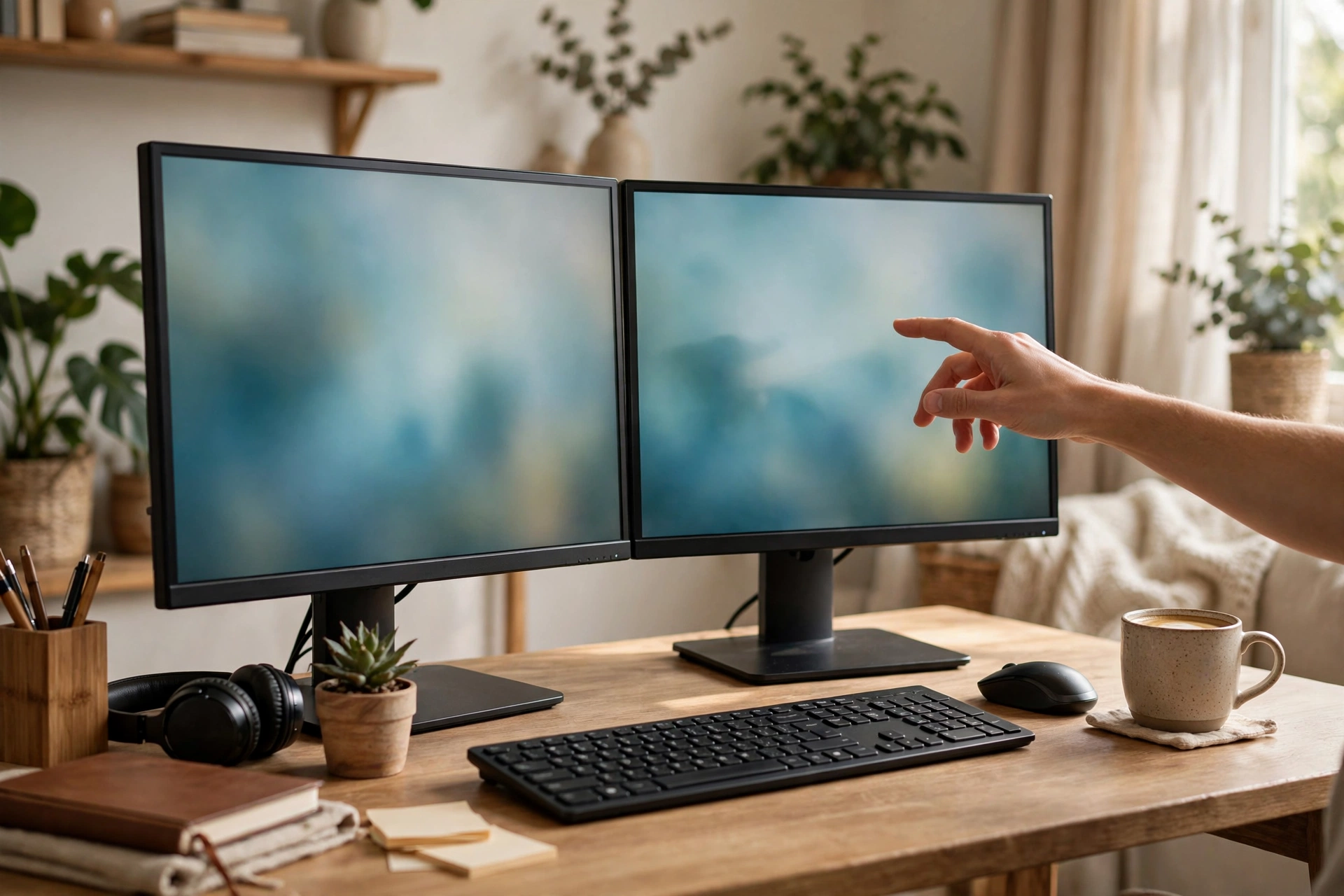Person adjusting a dual-monitor desk setup with two glowing screens