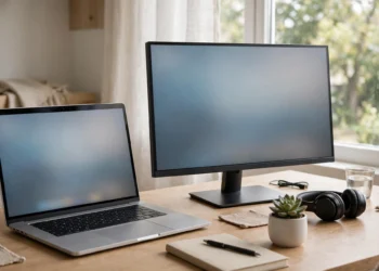 Laptop and external monitor side by side on a bright home desk