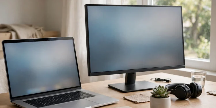 Laptop and external monitor side by side on a bright home desk