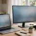 Laptop and external monitor side by side on a bright home desk