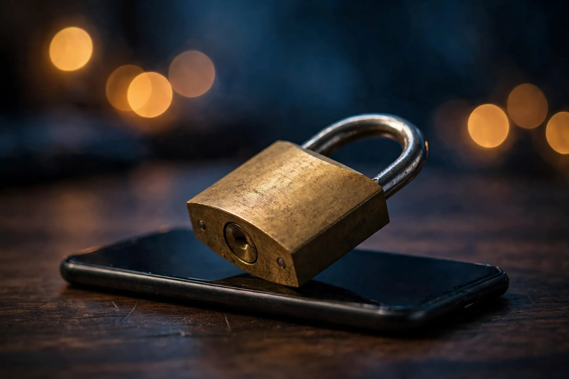 A brass padlock resting on a smartphone, a digital-security concept photo in cinematic light