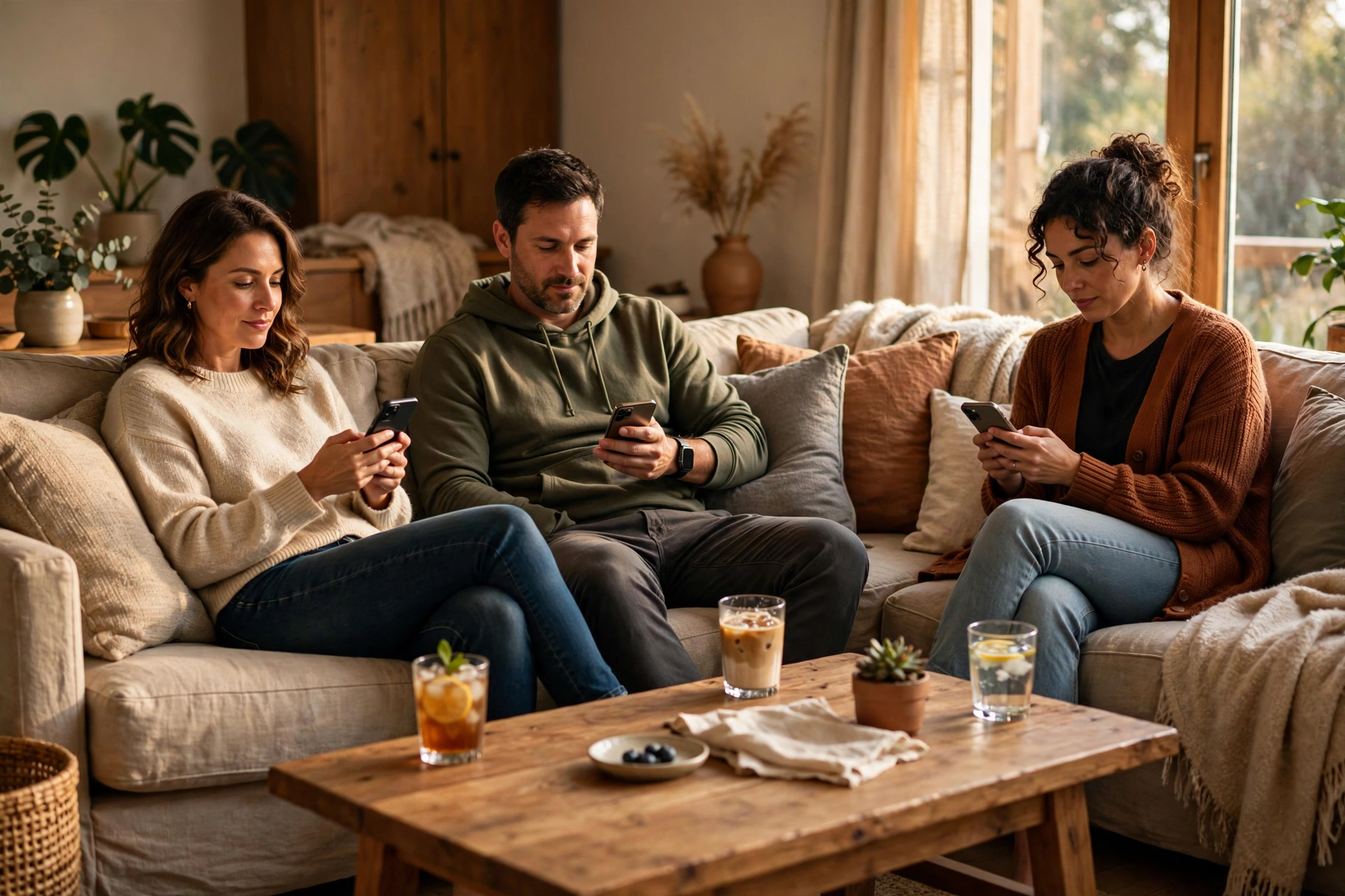 Guests relaxing on sofas in a warm living room, each using their phone, drinks on the coffee table