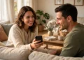A smiling host in a welcoming living room showing her smartphone screen to a guest sitting nearby