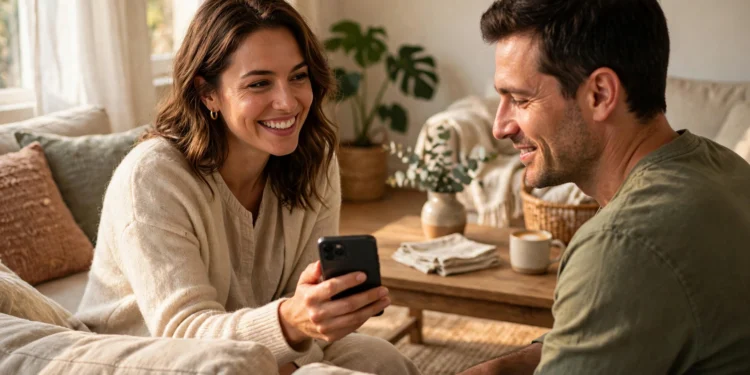 A smiling host in a welcoming living room showing her smartphone screen to a guest sitting nearby