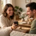 A smiling host in a welcoming living room showing her smartphone screen to a guest sitting nearby