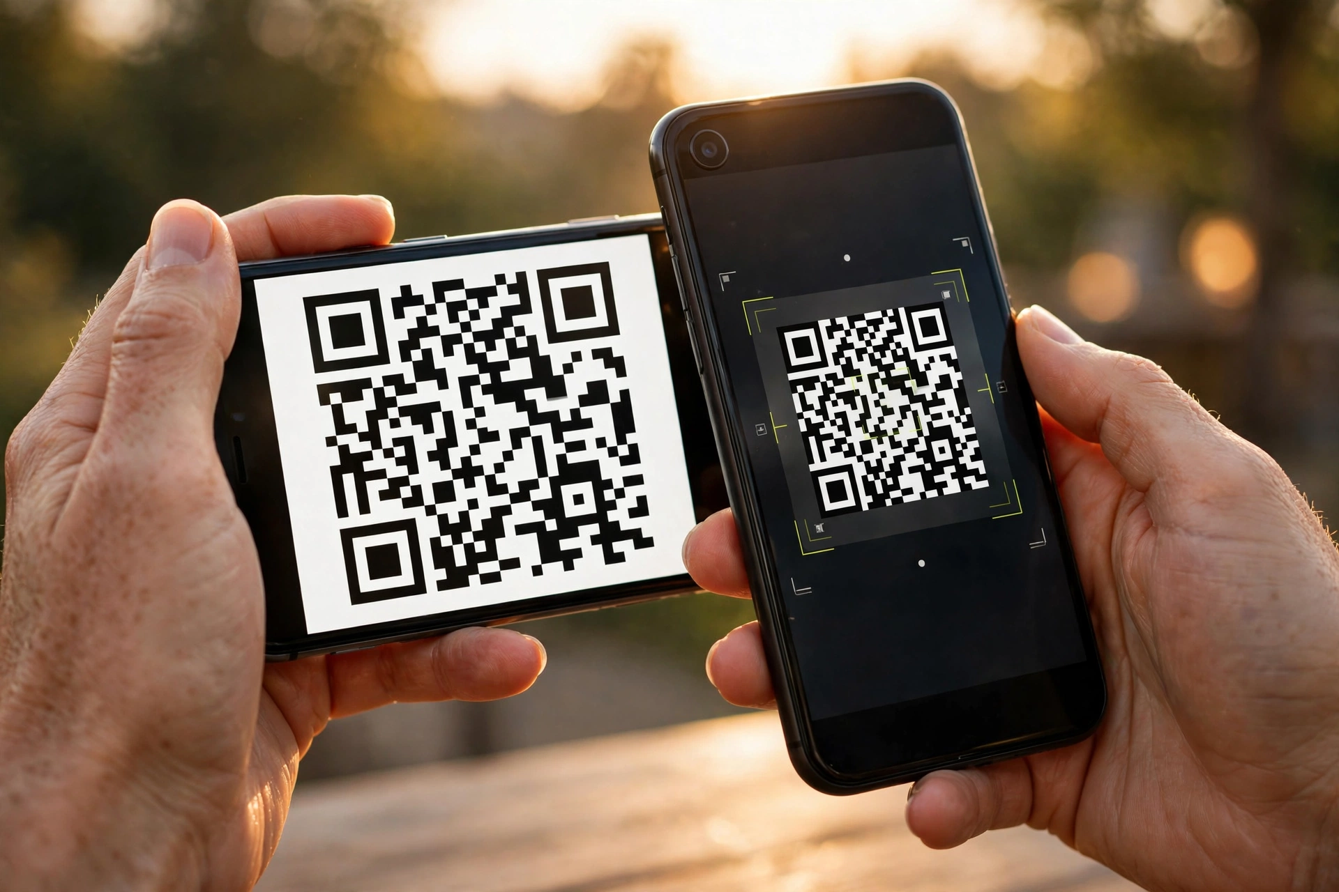 Close-up of one hand holding a smartphone showing a large QR code while another phone scans it