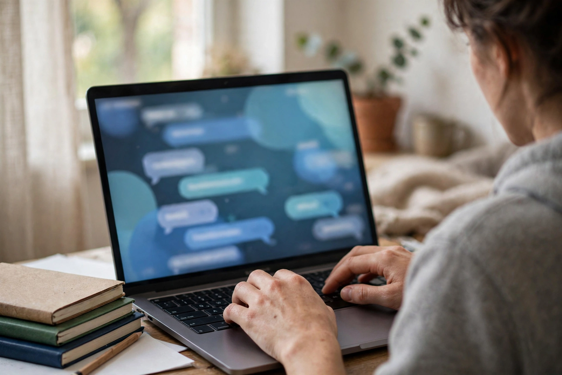 Close-up of a student typing a study question on a laptop with a glowing generic chat screen