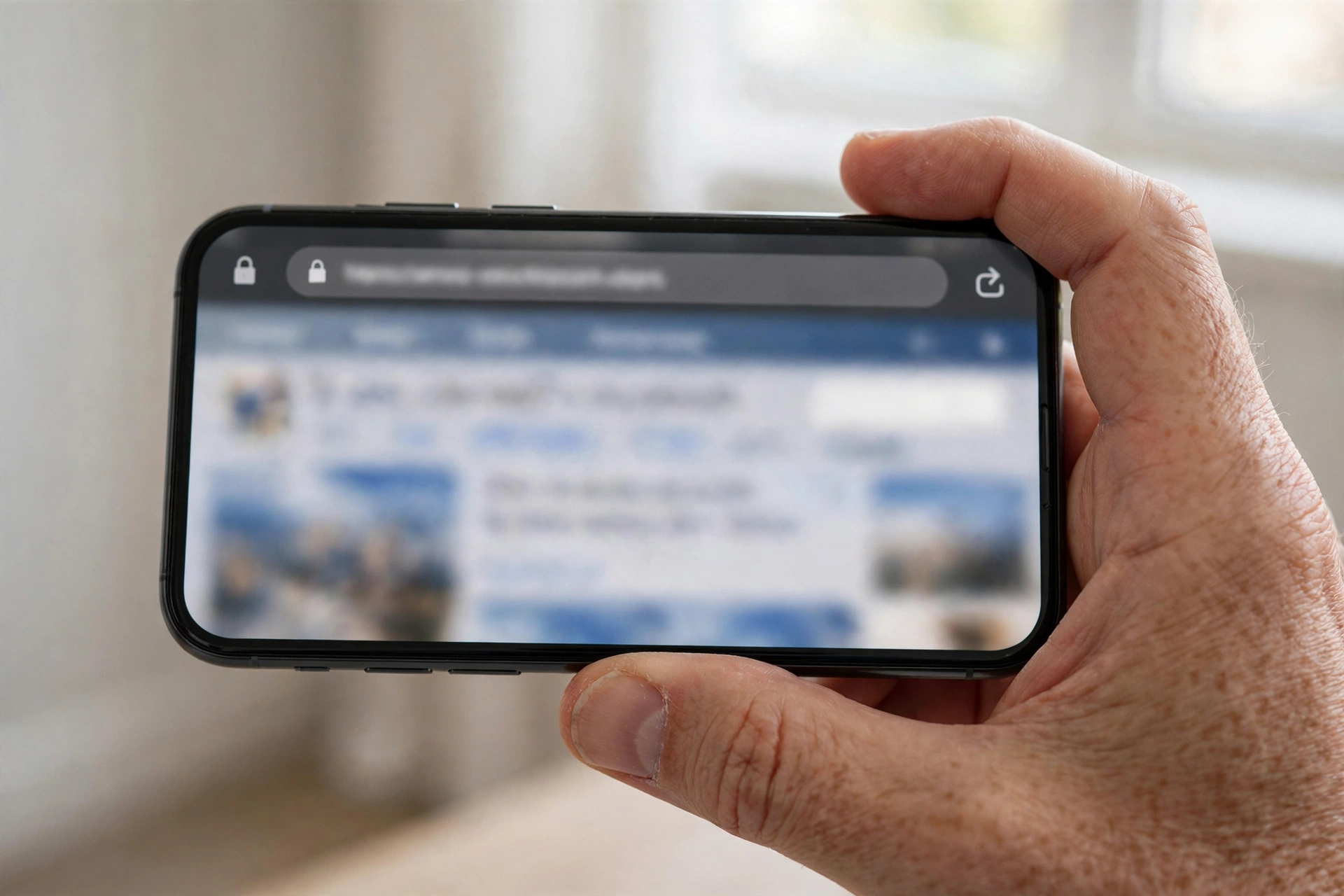 A hand holding a smartphone showing a blurred mobile browser with the address bar visible