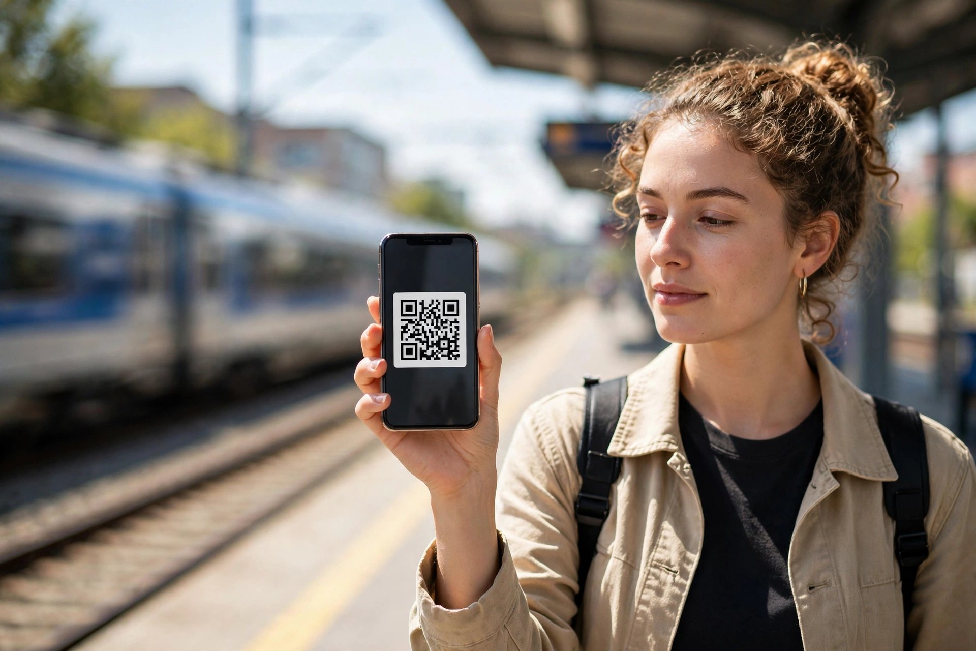 Traveler showing a digital train ticket on a phone at a sunny station platform